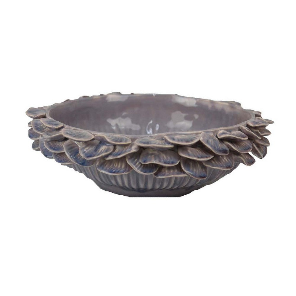 Kiana Decorative Bowl, Gray Ceramic, Flared Scales Rim Accent, 12 Inch