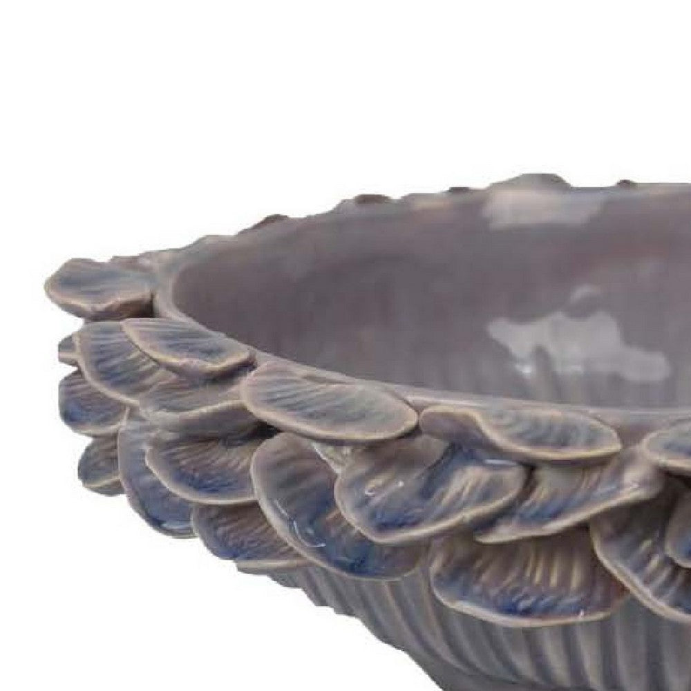 Kiana Decorative Bowl, Gray Ceramic, Flared Scales Rim Accent, 12 Inch
