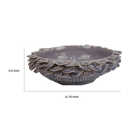 Kiana Decorative Bowl, Gray Ceramic, Flared Scales Rim Accent, 12 Inch