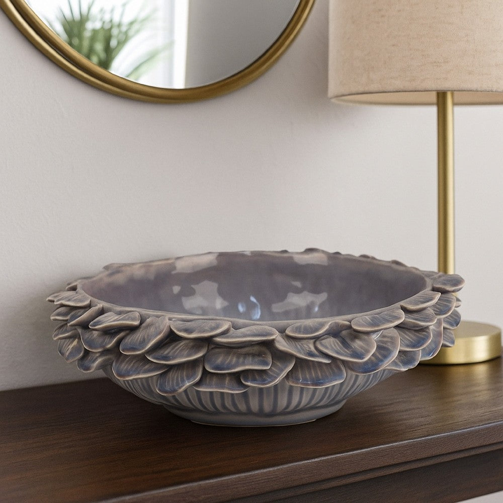 Kiana Decorative Bowl, Gray Ceramic, Flared Scales Rim Accent, 12 Inch