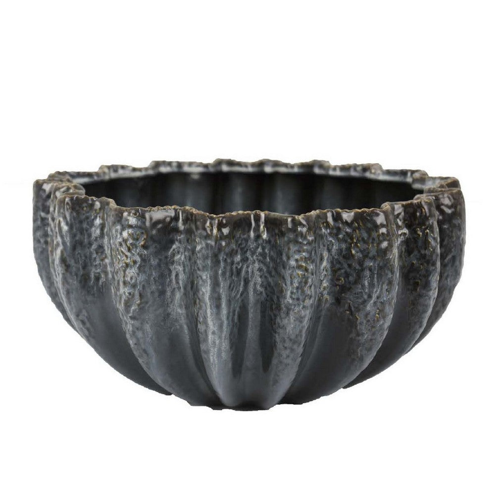 Decorative Bowl, Aqua Gray Ceramic, Fluted Scalloped Sides, 13 Inch