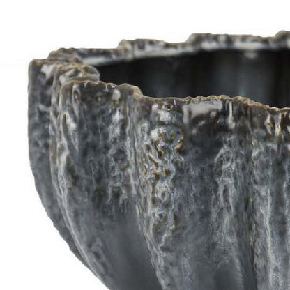 Decorative Bowl, Aqua Gray Ceramic, Fluted Scalloped Sides, 13 Inch