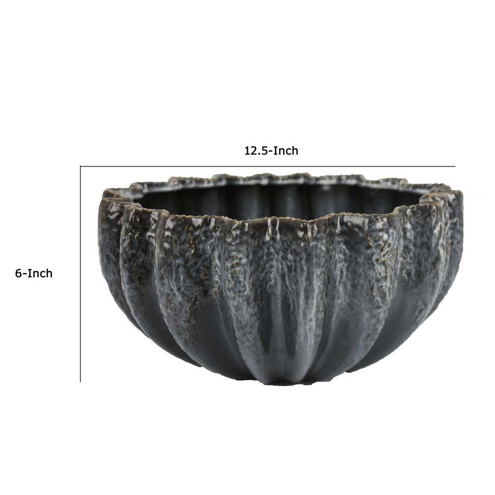 Decorative Bowl, Aqua Gray Ceramic, Fluted Scalloped Sides, 13 Inch