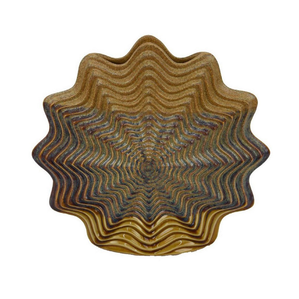 Decorative Vase, Brown, Gray Ceramic, Unique Radial Rosette, 16 Inch
