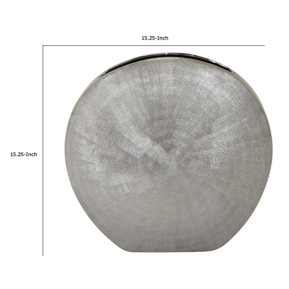 Harvey Accent Vase, Metallic Texture, Flat Round Gray Ceramic 15 Inch