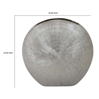 Harvey Accent Vase, Metallic Texture, Flat Round Gray Ceramic 15 Inch
