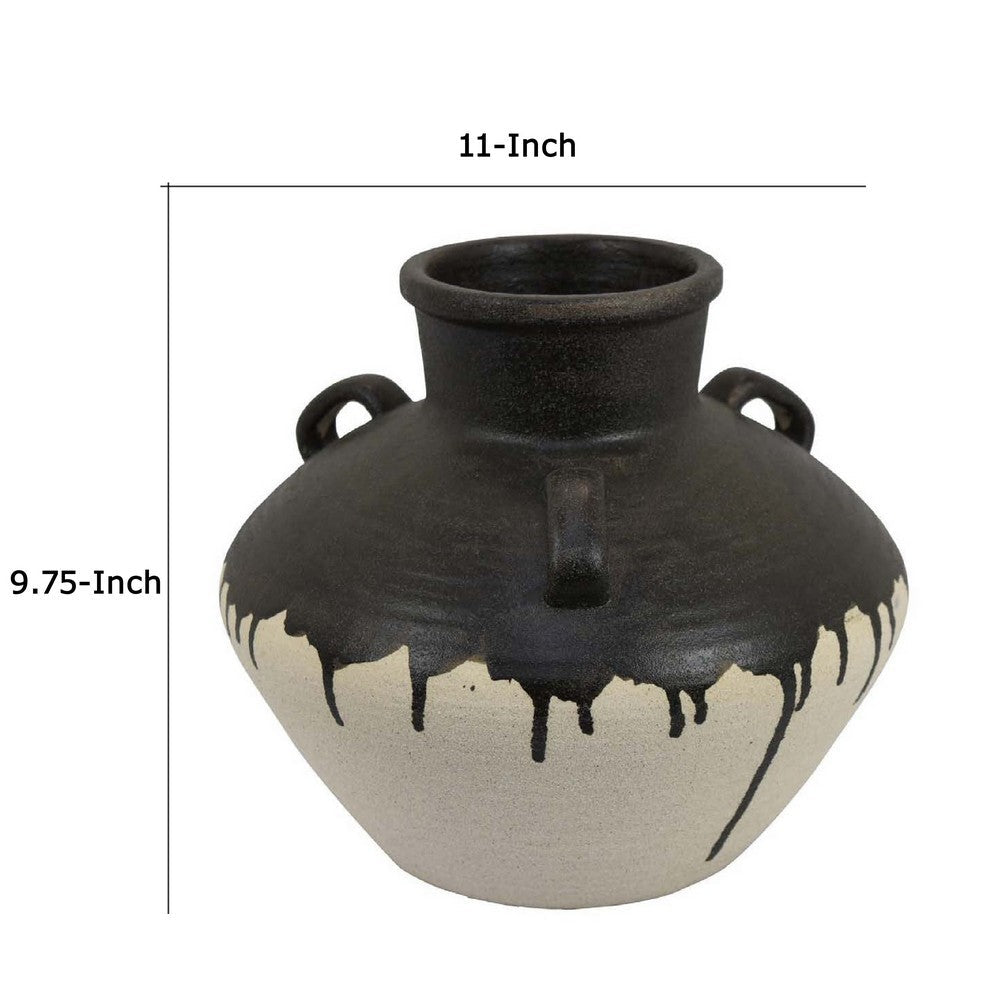 Caleb Accent Vase with Drip Pattern, Angled Handles Black Gray Ceramic