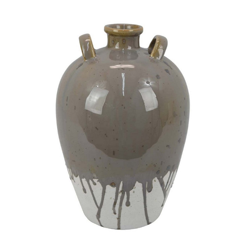 Caleb Accent Vase with Drip Pattern, Angled Handles Beige Gray Ceramic