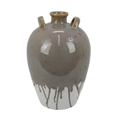 Caleb Accent Vase with Drip Pattern, Angled Handles Beige Gray Ceramic