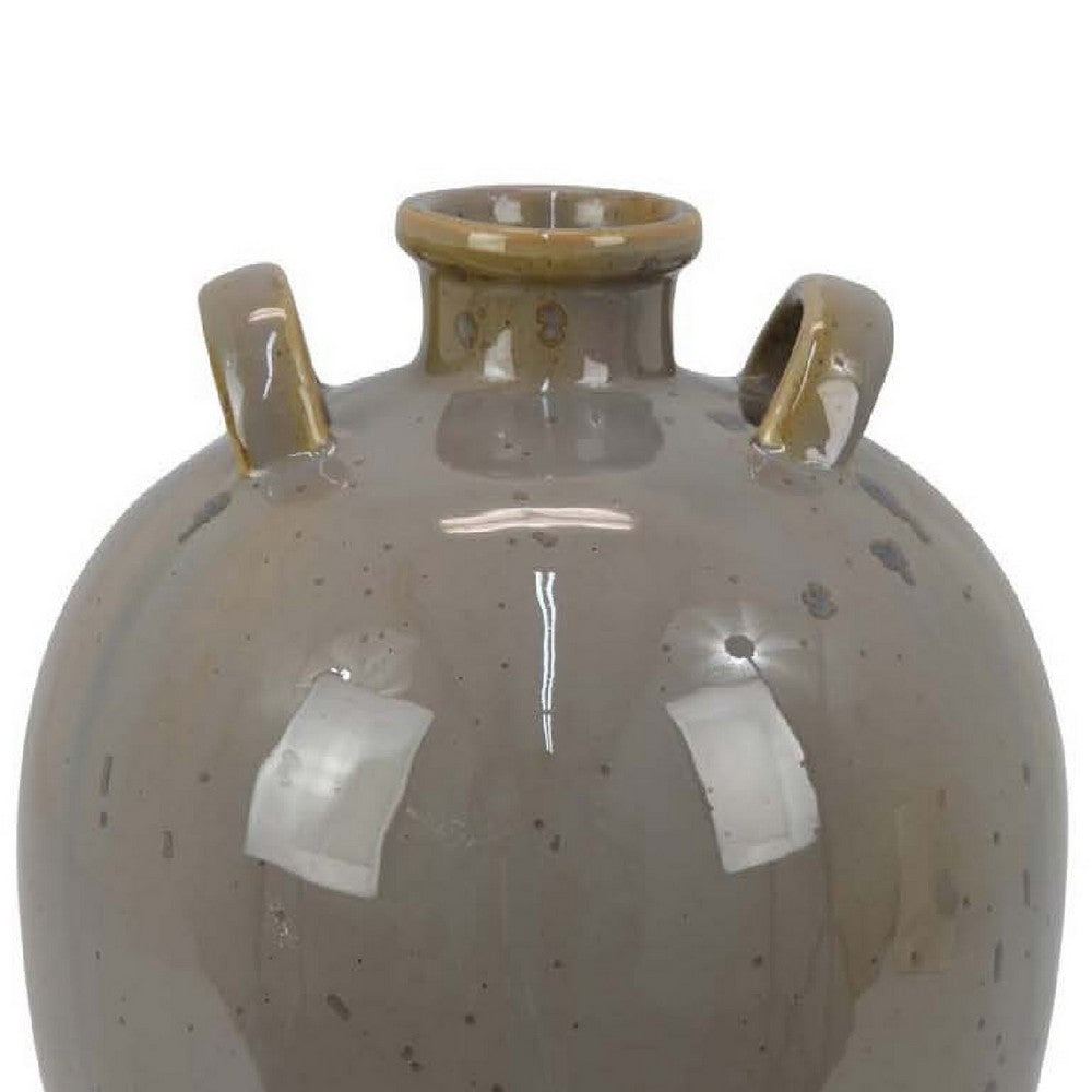 Caleb Accent Vase with Drip Pattern, Angled Handles Beige Gray Ceramic