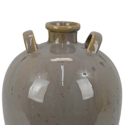 Caleb Accent Vase with Drip Pattern, Angled Handles Beige Gray Ceramic