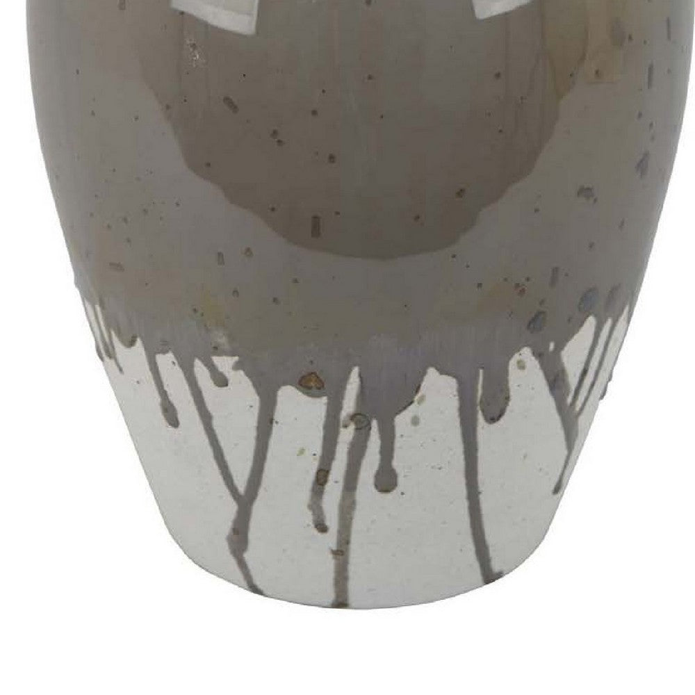 Caleb Accent Vase with Drip Pattern, Angled Handles Beige Gray Ceramic