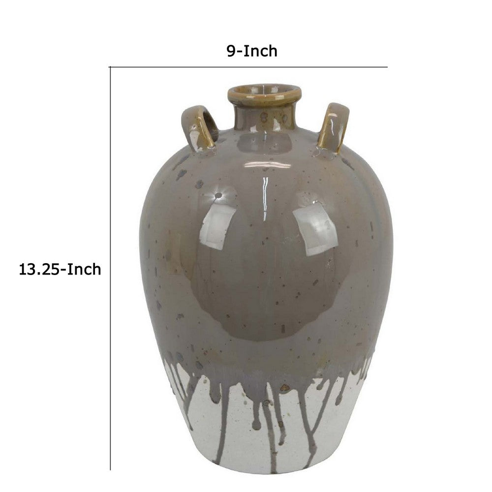Caleb Accent Vase with Drip Pattern, Angled Handles Beige Gray Ceramic
