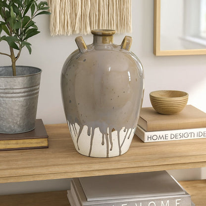 Caleb Accent Vase with Drip Pattern, Angled Handles Beige Gray Ceramic