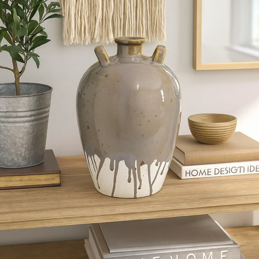 Caleb Accent Vase with Drip Pattern, Angled Handles Beige Gray Ceramic