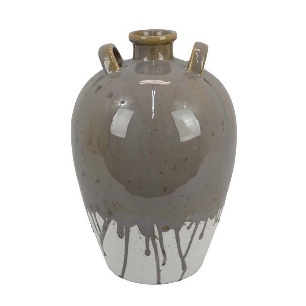 Caleb Accent Vase with Drip Pattern, Angled Handles Beige Gray Ceramic