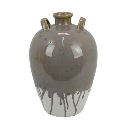 Caleb Accent Vase with Drip Pattern, Angled Handles Beige Gray Ceramic