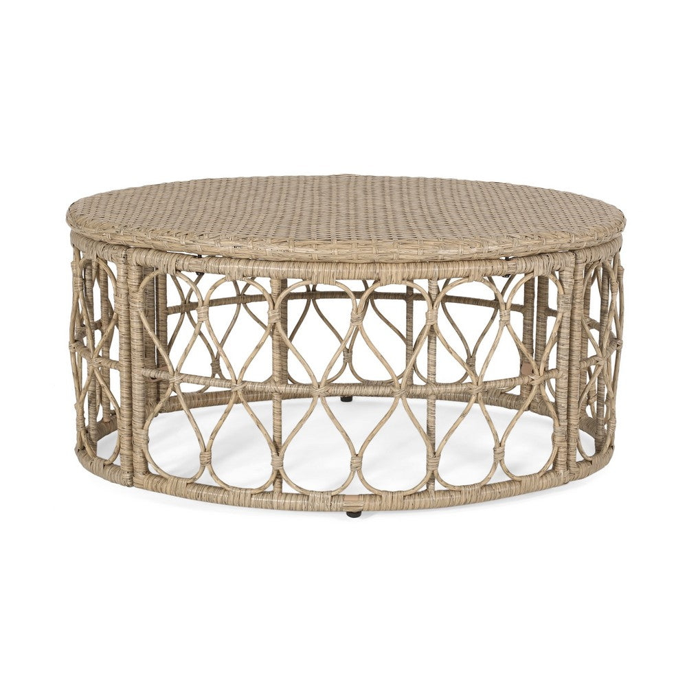 Resy Outdoor Coffee Table, 33 Inch Oval Top, Boho Brown Wicker Woven