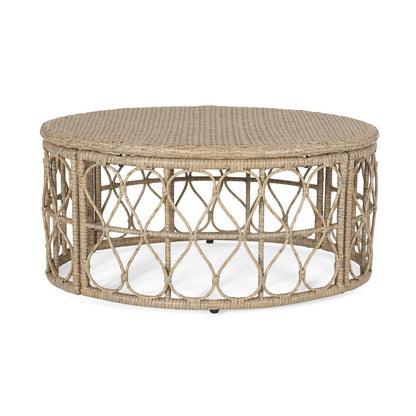 Resy Outdoor Coffee Table, 33 Inch Oval Top, Boho Brown Wicker Woven