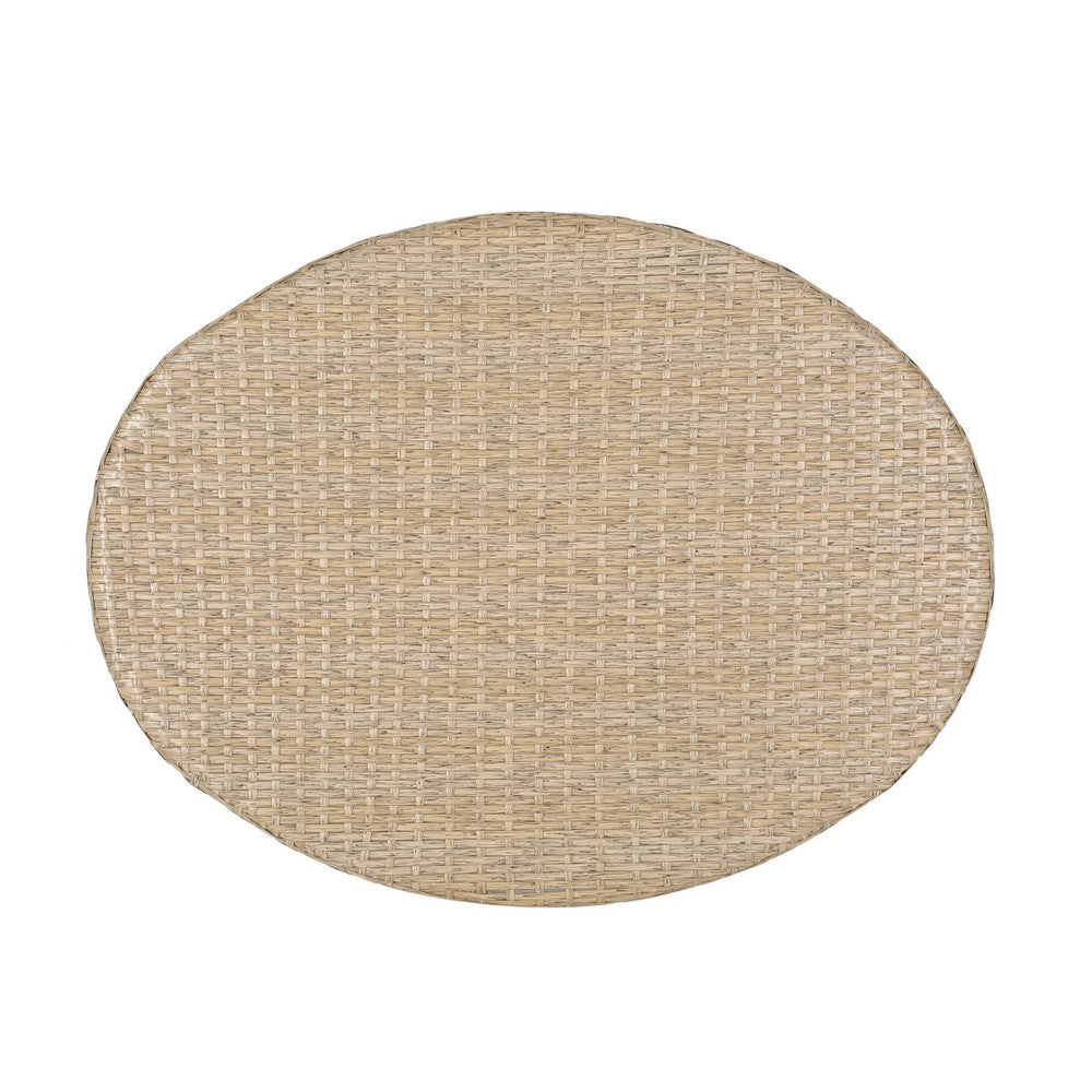 Resy Outdoor Coffee Table, 33 Inch Oval Top, Boho Brown Wicker Woven