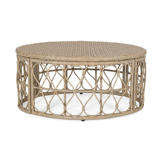 Resy Outdoor Coffee Table, 33 Inch Oval Top, Boho Brown Wicker Woven