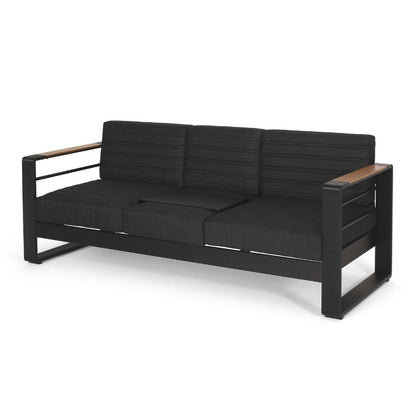Vinia 3 Seater Outdoor Sofa, Plush Cushions, 77 Inch Black Aluminum