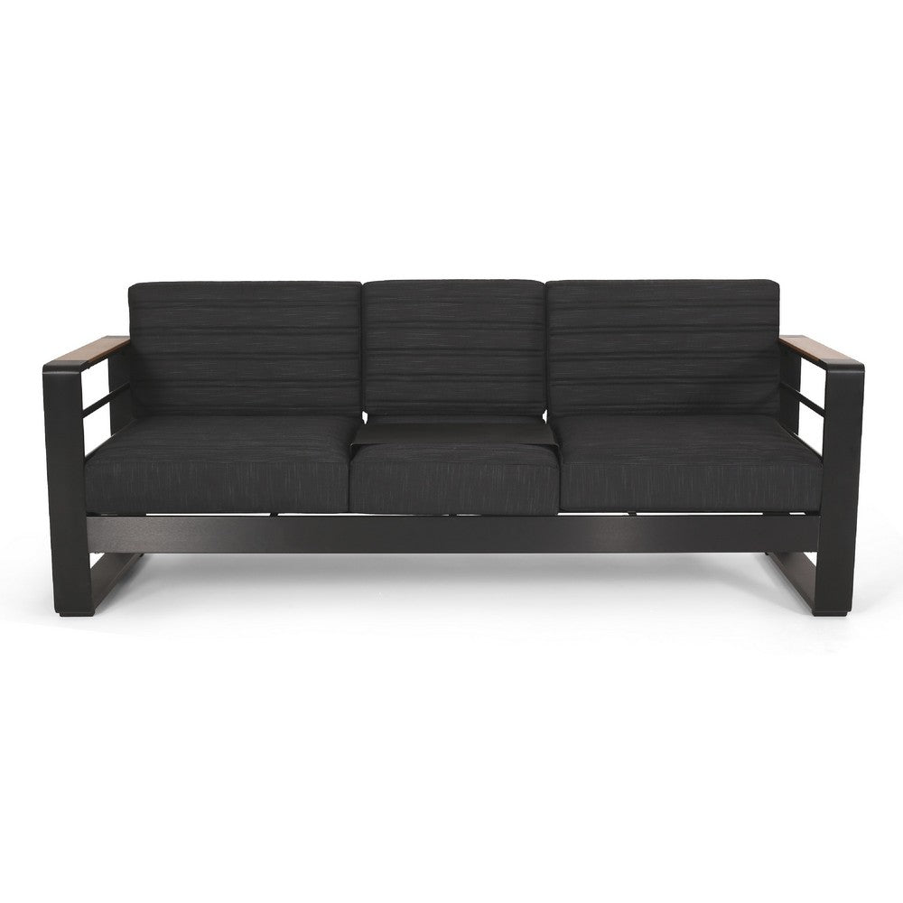 Vinia 3 Seater Outdoor Sofa, Plush Cushions, 77 Inch Black Aluminum