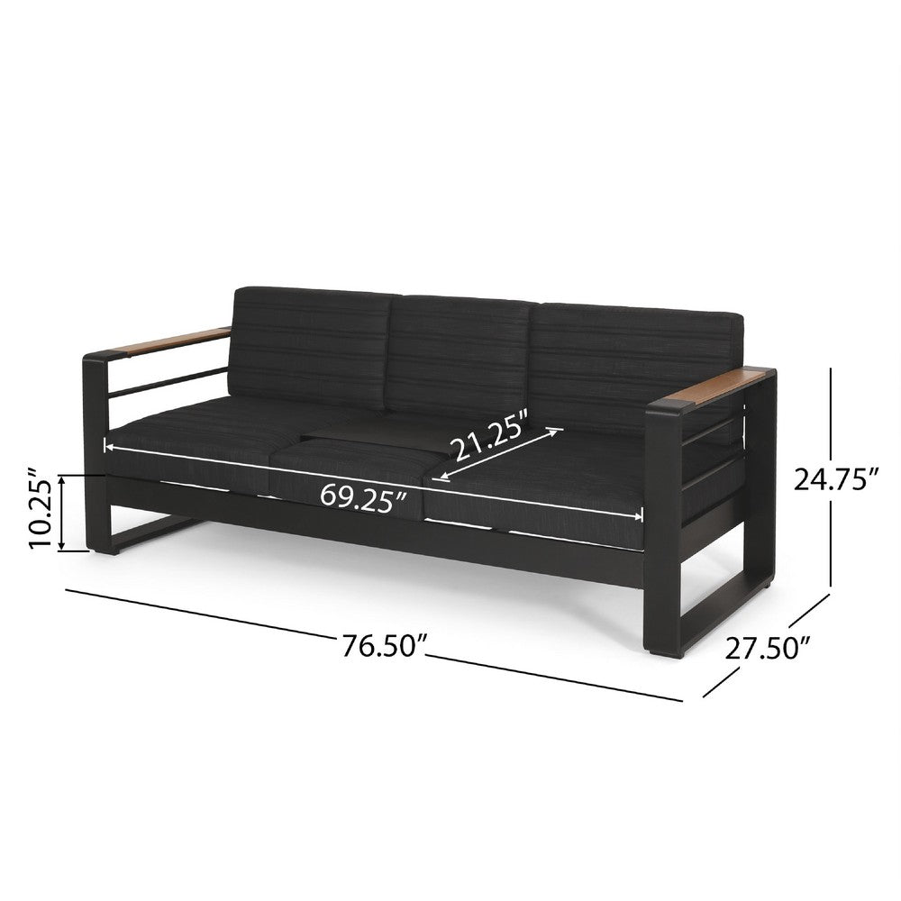 Vinia 3 Seater Outdoor Sofa, Plush Cushions, 77 Inch Black Aluminum