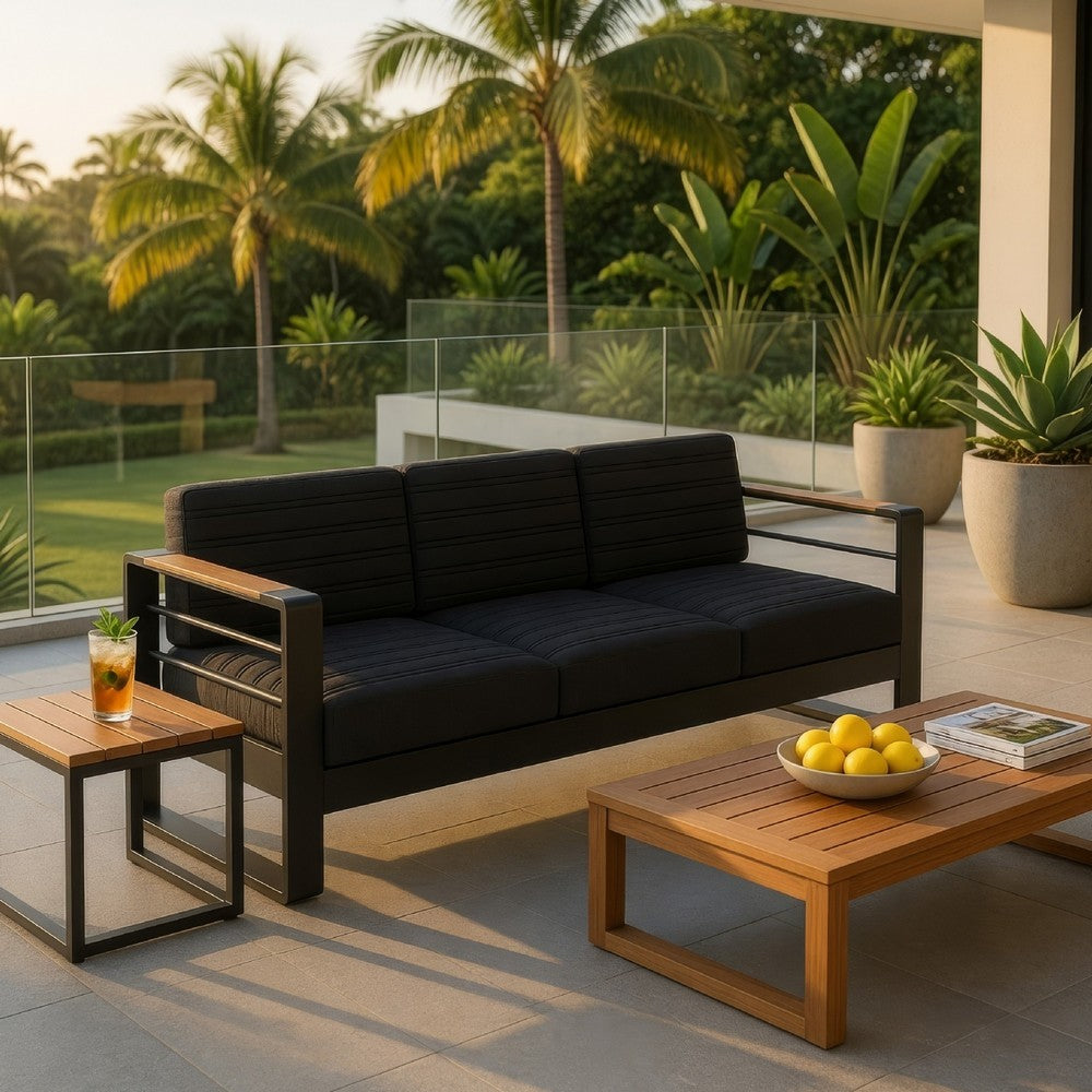 Vinia 3 Seater Outdoor Sofa, Plush Cushions, 77 Inch Black Aluminum