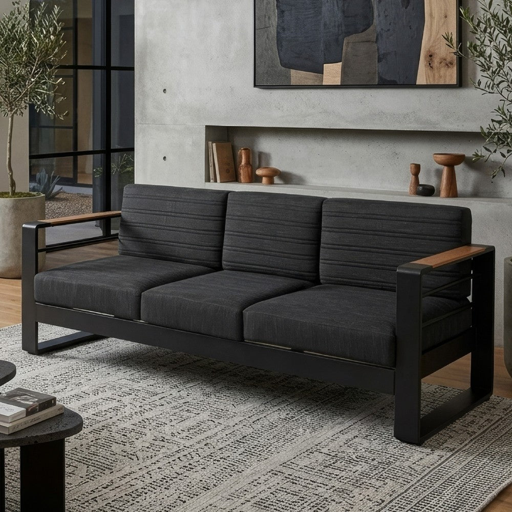 Vinia 3 Seater Outdoor Sofa, Plush Cushions, 77 Inch Black Aluminum