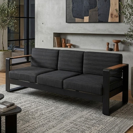 Vinia 3 Seater Outdoor Sofa, Plush Cushions, 77 Inch Black Aluminum