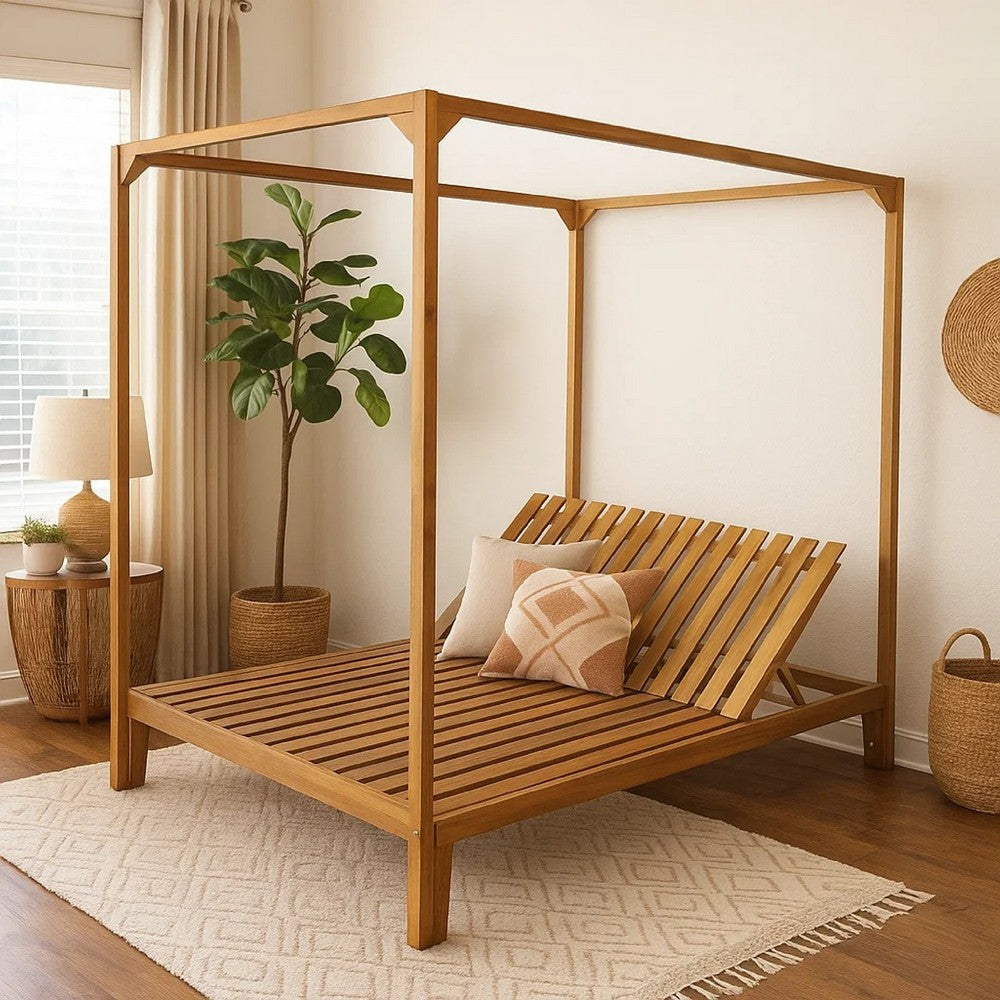 Yavi Outdoor Daybed Chaise, Adjustable Back, Brown Acacia Wood 79 Inch