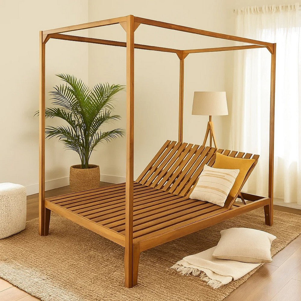 Yavi Outdoor Daybed Chaise, Adjustable Back, Brown Acacia Wood 79 Inch