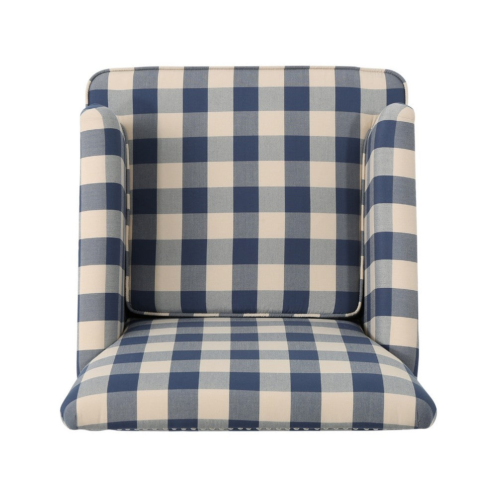 Lit Club Accent Chair with Turned Legs, Blue Black and Cream Fabric