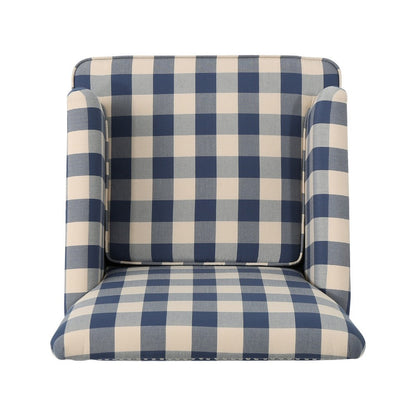 Lit Club Accent Chair with Turned Legs, Blue Black and Cream Fabric