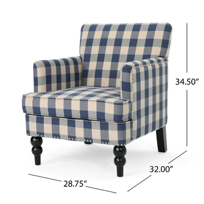 Lit Club Accent Chair with Turned Legs, Blue Black and Cream Fabric