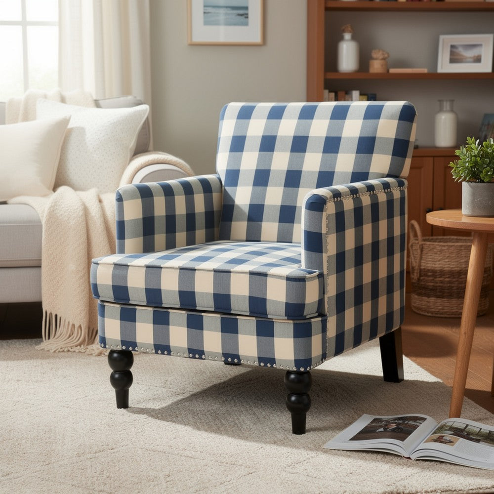 Lit Club Accent Chair with Turned Legs, Blue Black and Cream Fabric