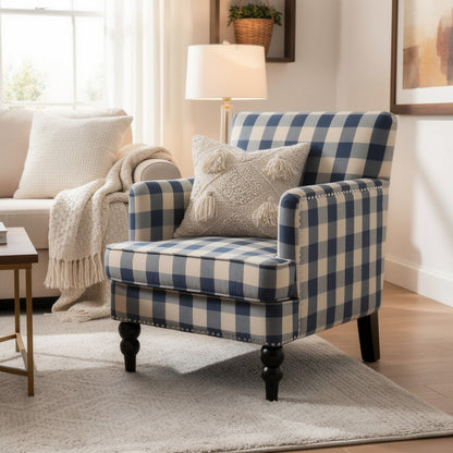 Lit Club Accent Chair with Turned Legs, Blue Black and Cream Fabric