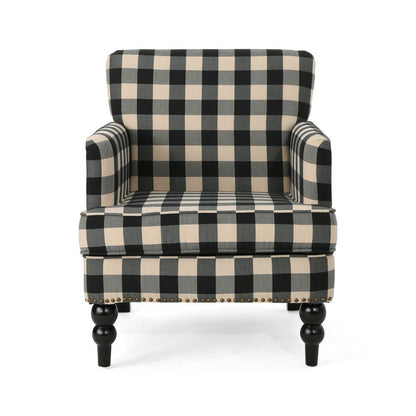 Lit Club Accent Chair with Turned Wood Legs, Black and Cream Plaid