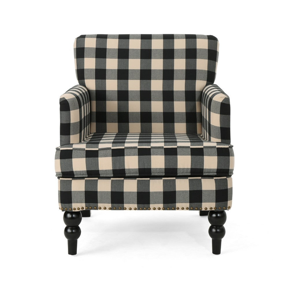 Lit Club Accent Chair with Turned Wood Legs, Black and Cream Plaid