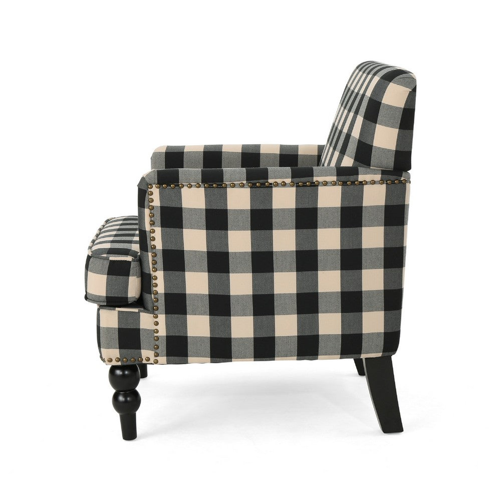 Lit Club Accent Chair with Turned Wood Legs, Black and Cream Plaid