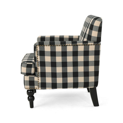 Lit Club Accent Chair with Turned Wood Legs, Black and Cream Plaid