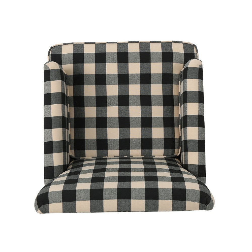 Lit Club Accent Chair with Turned Wood Legs, Black and Cream Plaid