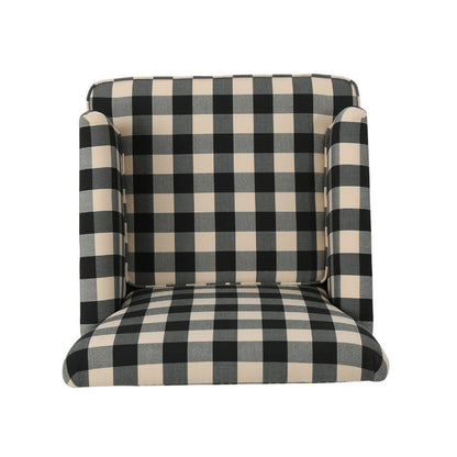 Lit Club Accent Chair with Turned Wood Legs, Black and Cream Plaid