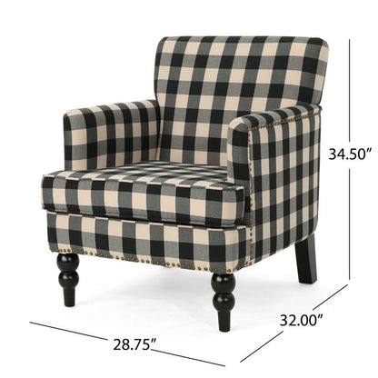 Lit Club Accent Chair with Turned Wood Legs, Black and Cream Plaid