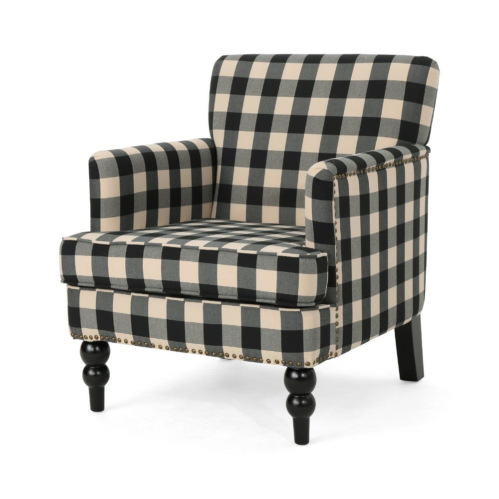 Lit Club Accent Chair with Turned Wood Legs, Black and Cream Plaid