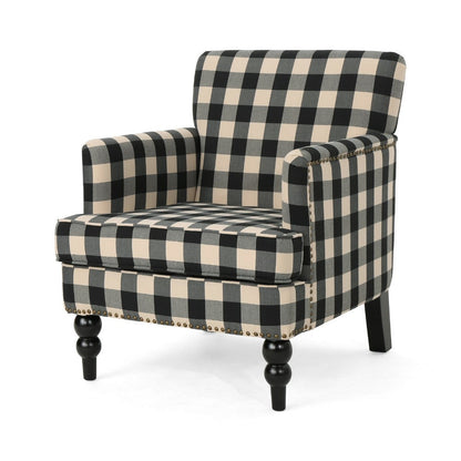 Lit Club Accent Chair with Turned Wood Legs, Black and Cream Plaid