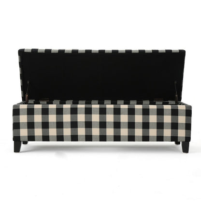 Flash Ottoman Bench with Built In Storage, Black, Cream Plaid, 51 Inch