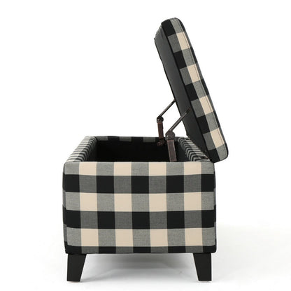 Flash Ottoman Bench with Built In Storage, Black, Cream Plaid, 51 Inch