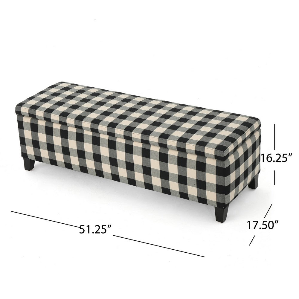 Flash Ottoman Bench with Built In Storage, Black, Cream Plaid, 51 Inch